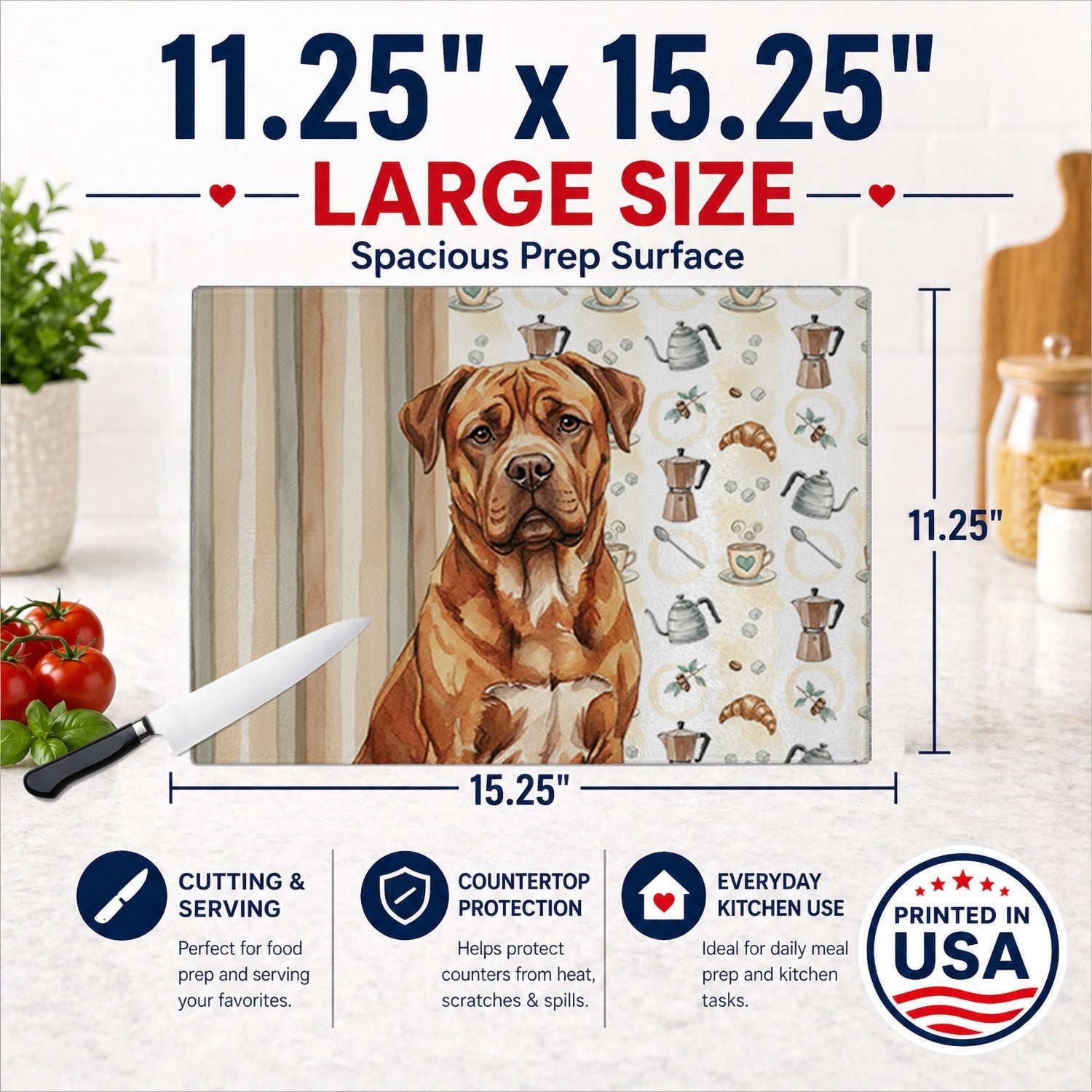 Mahogany Dogue de Bordeaux Coffee Bar Cutting Board Tempered Glass Kitchen Cutting Surface, Heat Resistant Chopping, Non-Slip Feet, Food Prep & Serving