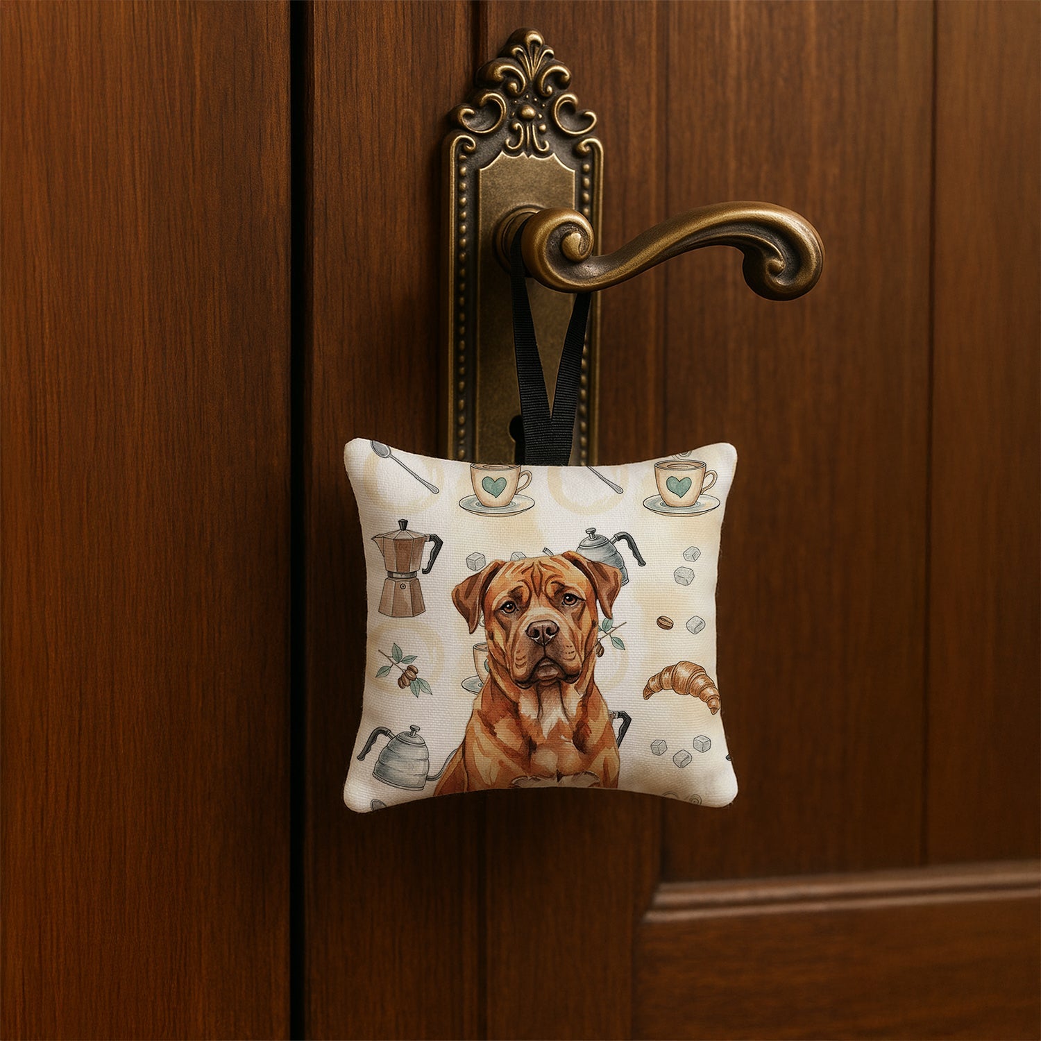 Mahogany Dogue de Bordeaux Coffee Bar Hanging Square Fabric Ornament 3.5 � 3.5 Decorative Door-Knob & Tree Hanger, Soft Fabric
