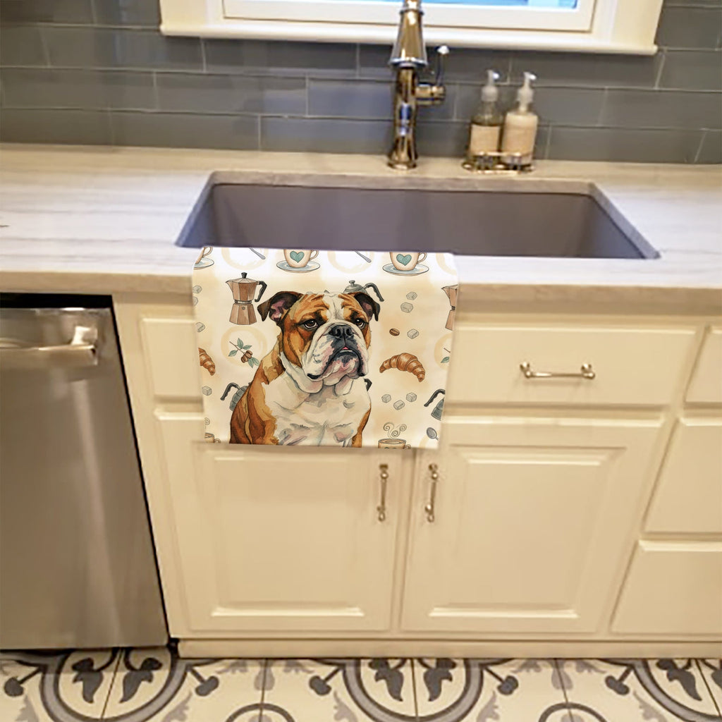 Brindle and White English Bulldog Coffee Bar Kitchen Towel Velour Plush Front and Cotton Loop Back Machine Washable