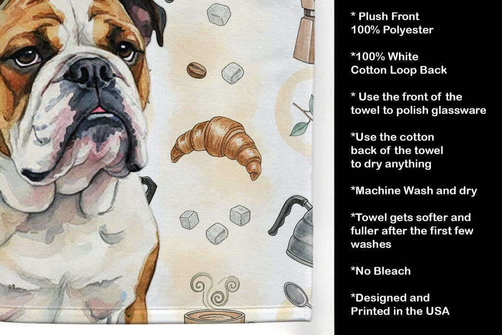 Brindle and White English Bulldog Coffee Bar Kitchen Towel Velour Plush Front and Cotton Loop Back Machine Washable