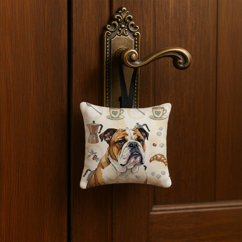 Brindle and White English Bulldog Coffee Bar Hanging Square Fabric Ornament 3.5 � 3.5 Decorative Door-Knob & Tree Hanger, Soft Fabric