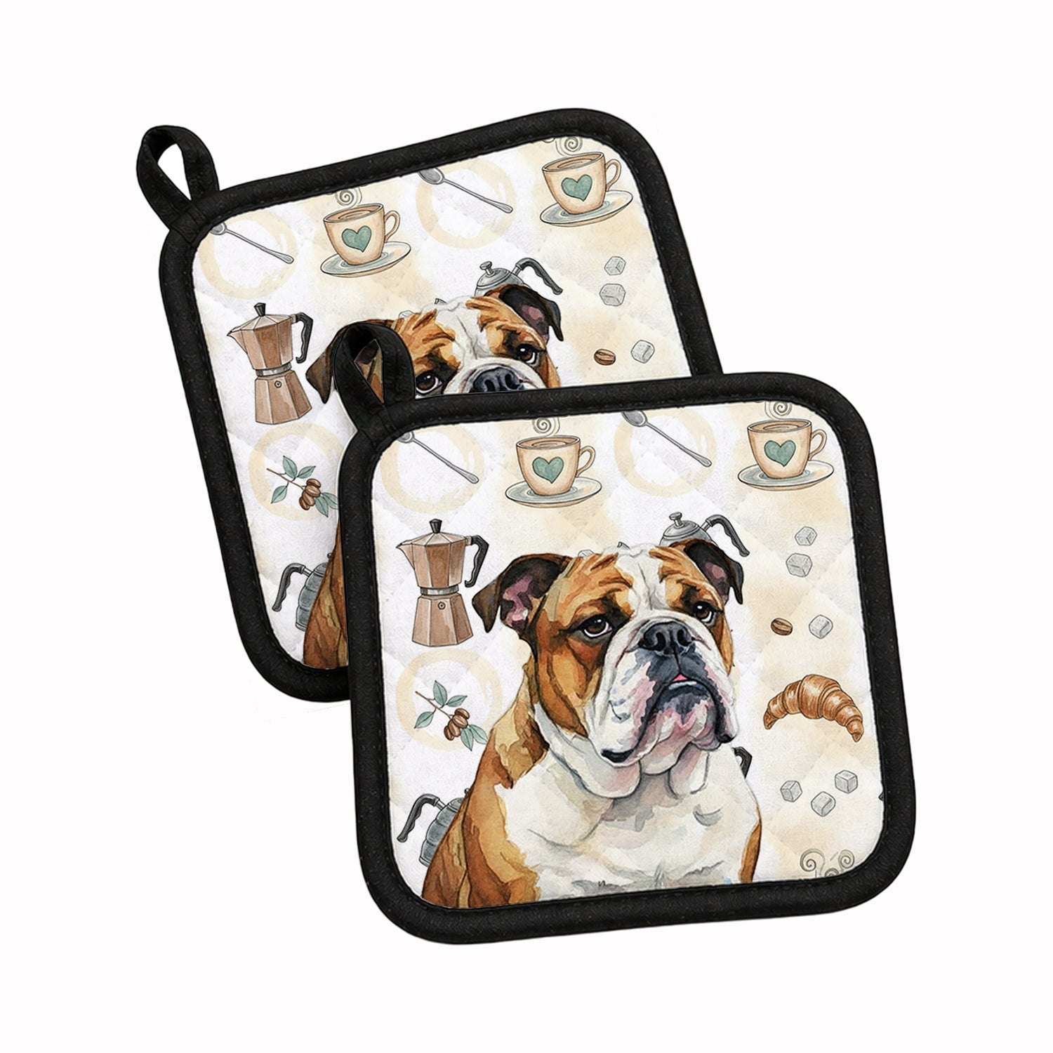 Brindle and White English Bulldog Coffee Bar Pot Holder Set of 2 Heat Resistant Quilted Hot Pads 7.5 x 7.5 Inch, Insulated Kitchen Trivets for Cooking & Baking