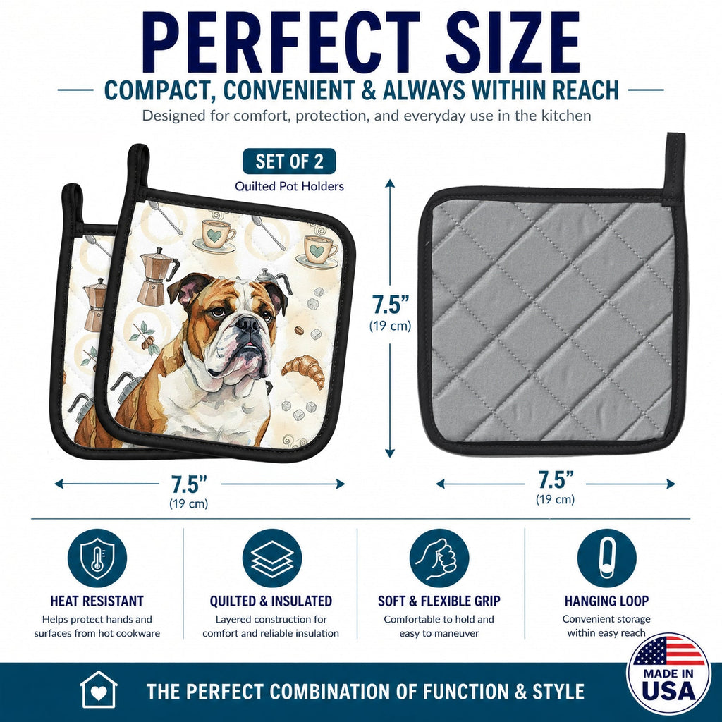 Brindle and White English Bulldog Coffee Bar Pot Holder Set of 2 Heat Resistant Quilted Hot Pads 7.5 x 7.5 Inch, Insulated Kitchen Trivets for Cooking & Baking