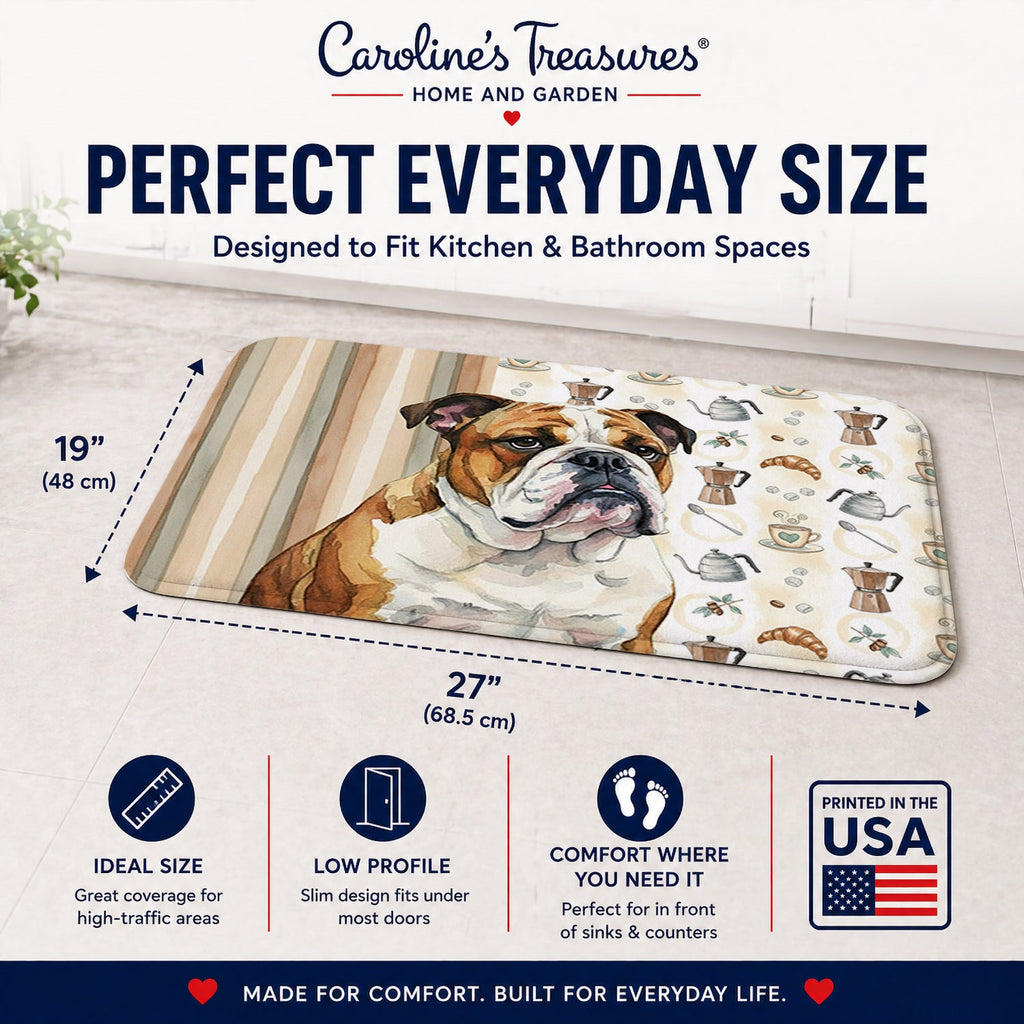 Brindle and White English Bulldog Coffee Bar Memory Foam Kitchen Mat Machine Washable Anti-Fatigue Cushion Comfort Bath or Kitchen Rug