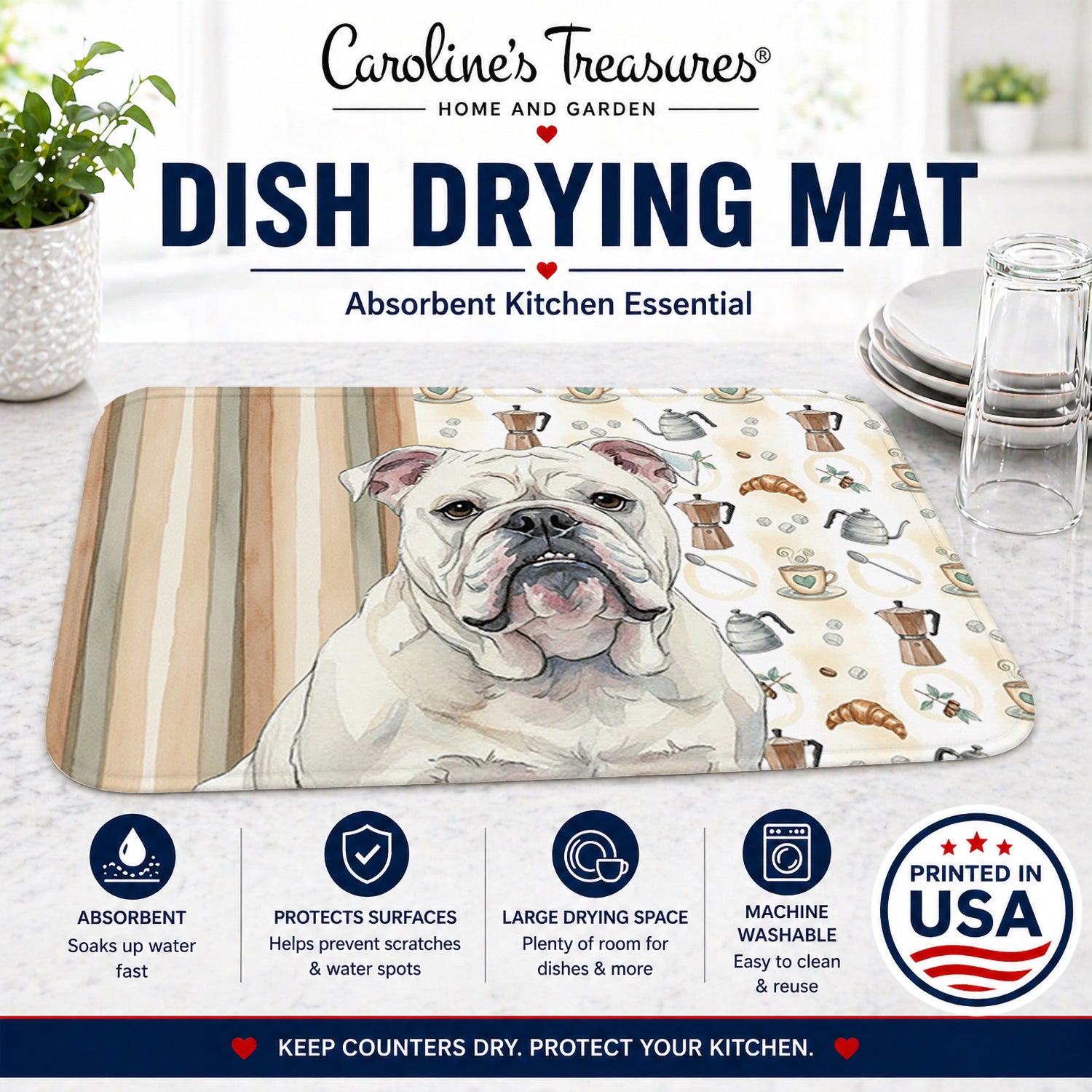 White English Bulldog Coffee Bar Dish Drying Mat Absorbent Dish Drying Mat Pad for Kitchen Counter Dish Drainer Mat for Countertop, 14 x 21", Multicolor