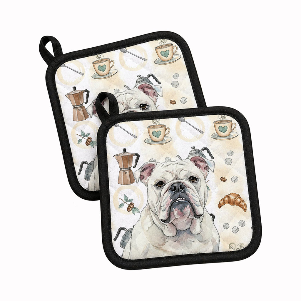 White English Bulldog Coffee Bar Pot Holder Set of 2 Heat Resistant Quilted Hot Pads 7.5 x 7.5 Inch, Insulated Kitchen Trivets for Cooking & Baking