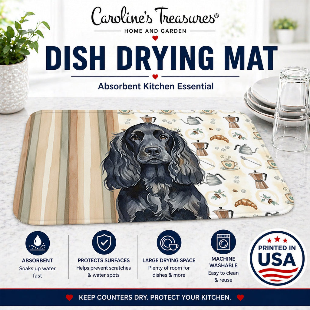 Black English Cocker Spaniel Coffee Bar Dish Drying Mat Absorbent Dish Drying Mat Pad for Kitchen Counter Dish Drainer Mat for Countertop, 14 x 21", Multicolor