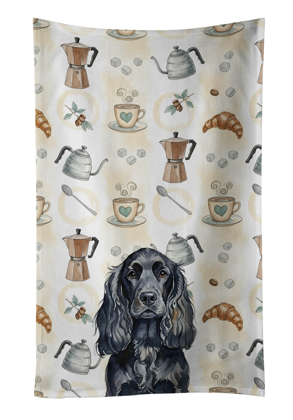 Black English Cocker Spaniel Coffee Bar Kitchen Towel Velour Plush Front and Cotton Loop Back Machine Washable
