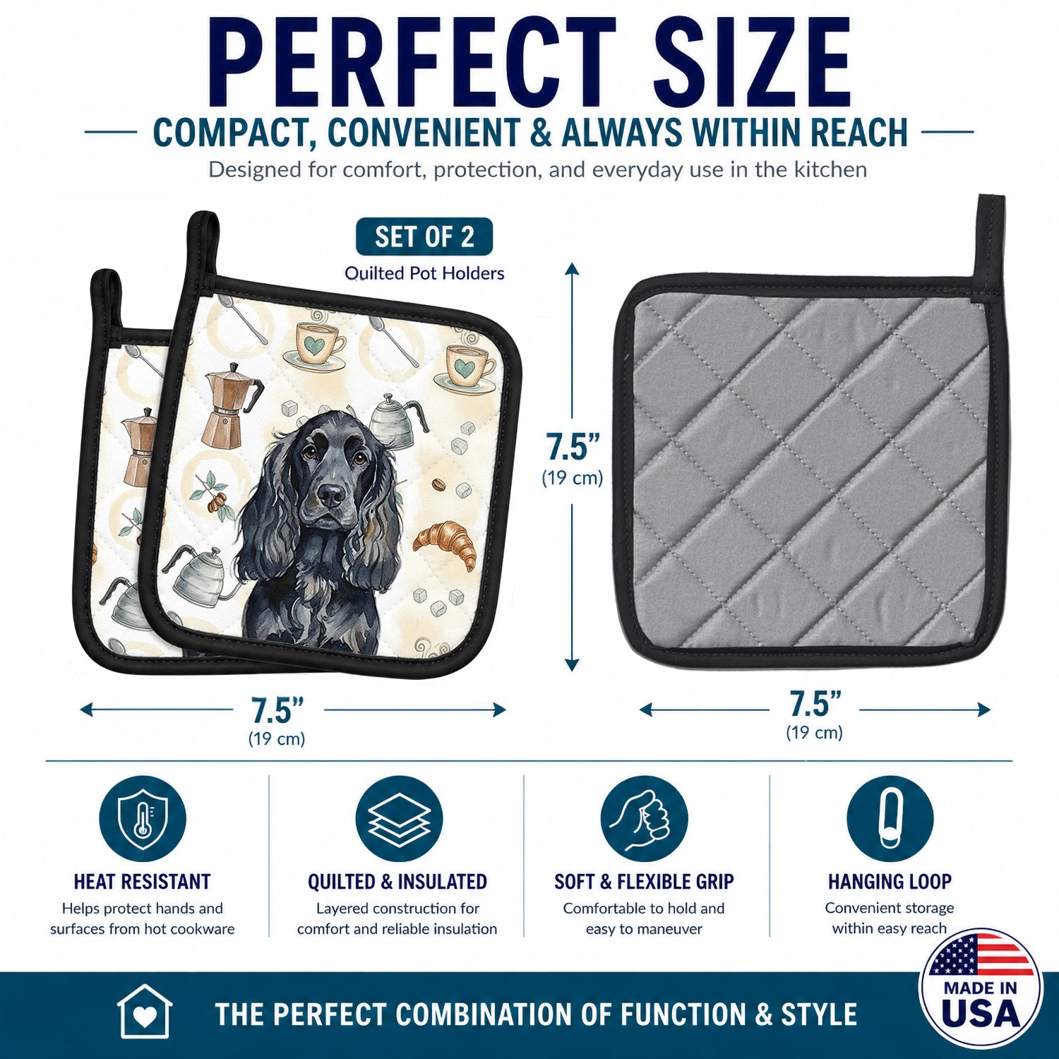 Black English Cocker Spaniel Coffee Bar Pot Holder Set of 2 Heat Resistant Quilted Hot Pads 7.5 x 7.5 Inch, Insulated Kitchen Trivets for Cooking & Baking