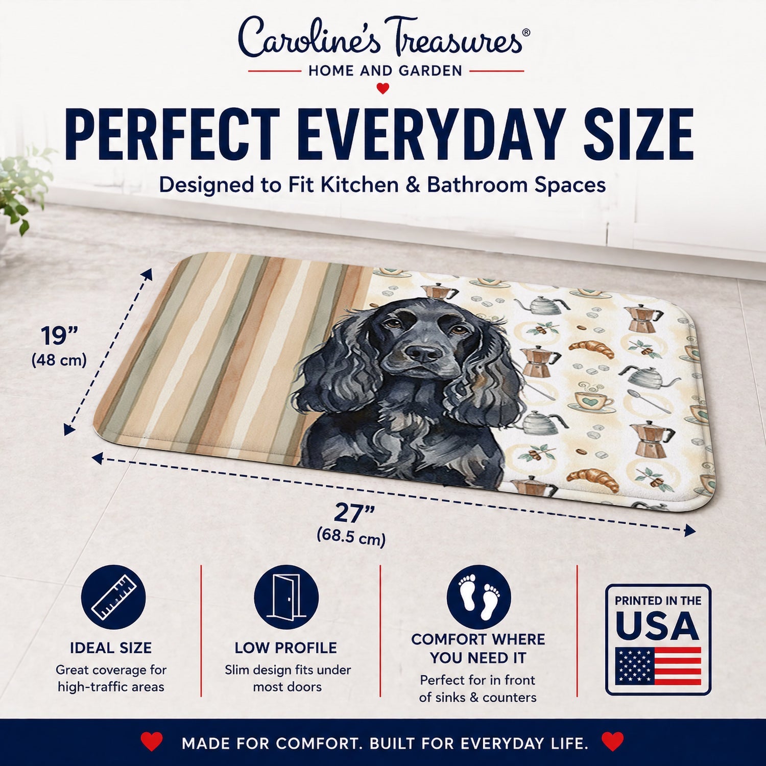 Black English Cocker Spaniel Coffee Bar Memory Foam Kitchen Mat Machine Washable Anti-Fatigue Cushion Comfort Bath or Kitchen Rug