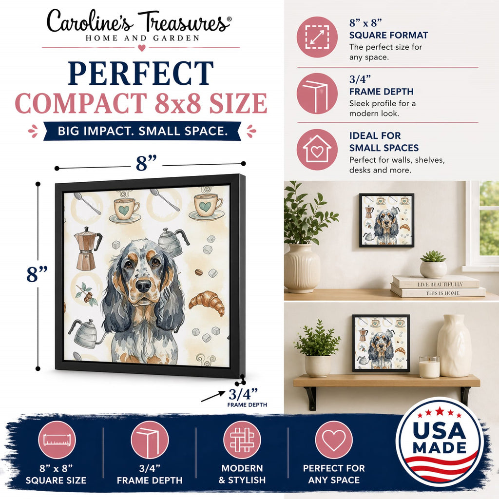 Blue Roan & Tan English Cocker Spaniel Coffee Bar Framed Metal Print Bathroom, Kitchen, Office, Home Decor Wall Art Ready to Hang, Square, 8X8