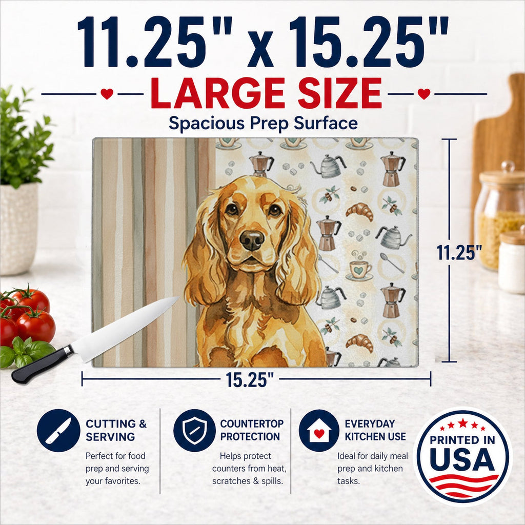 Golden English Cocker Spaniel Coffee Bar Cutting Board Tempered Glass Kitchen Cutting Surface, Heat Resistant Chopping, Non-Slip Feet, Food Prep & Serving