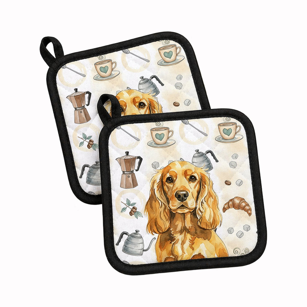 Golden English Cocker Spaniel Coffee Bar Pot Holder Set of 2 Heat Resistant Quilted Hot Pads 7.5 x 7.5 Inch, Insulated Kitchen Trivets for Cooking & Baking