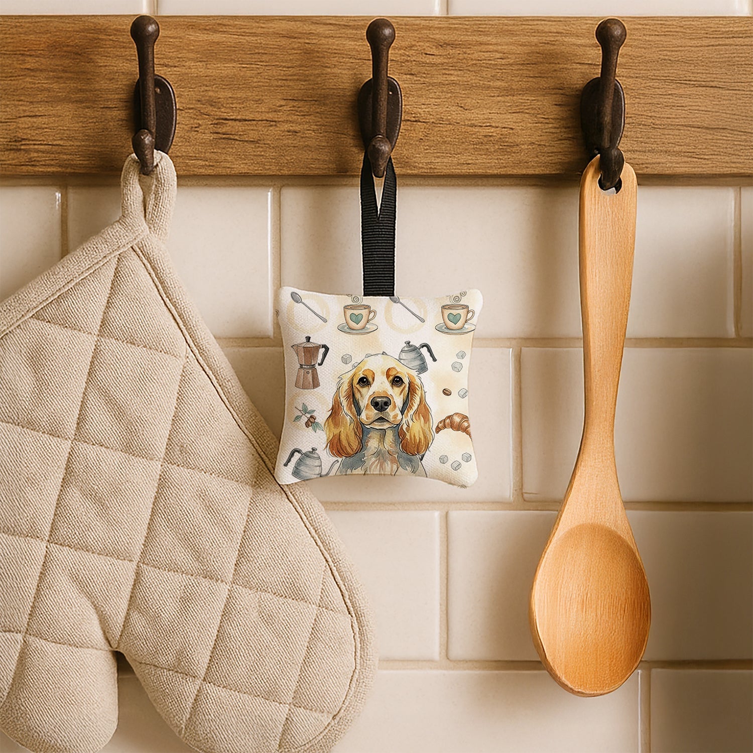 Lemon Roan English Cocker Spaniel Coffee Bar Hanging Square Fabric Ornament 3.5 � 3.5 Decorative Door-Knob & Tree Hanger, Soft Fabric