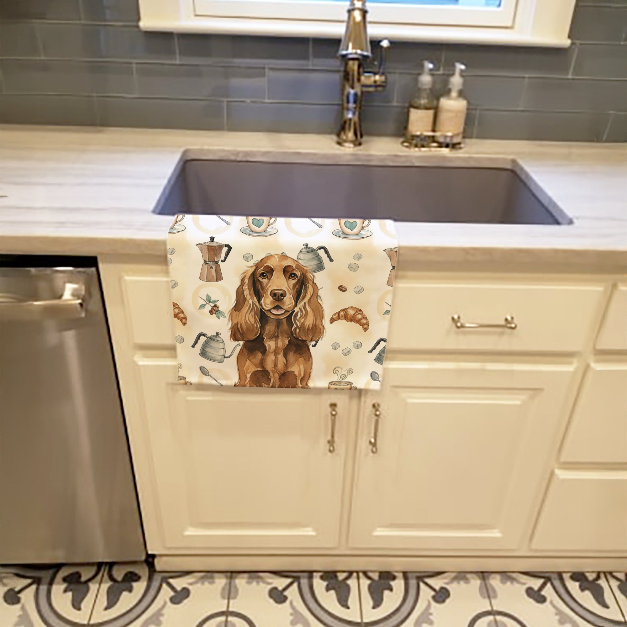 Liver English Cocker Spaniel Coffee Bar Kitchen Towel Velour Plush Front and Cotton Loop Back Machine Washable
