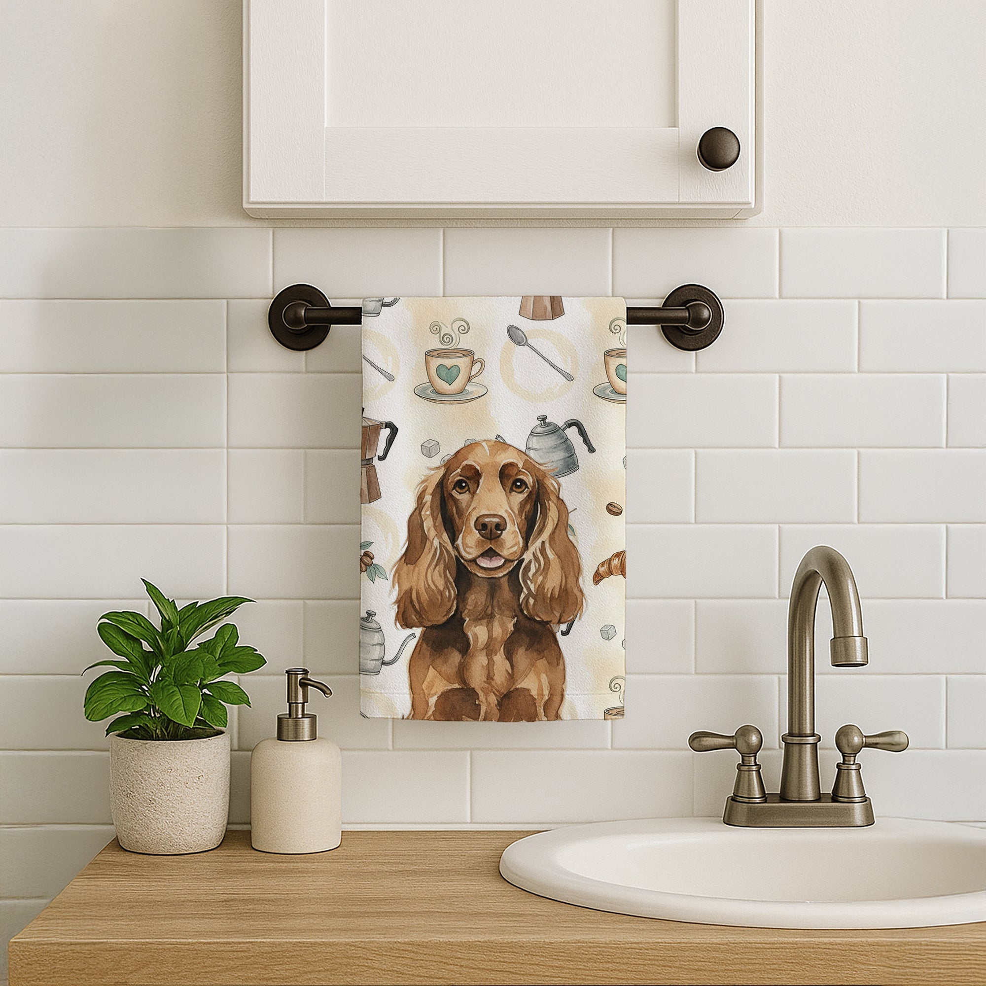 Liver English Cocker Spaniel Coffee Bar Kitchen Towel Velour Plush Front and Cotton Loop Back Machine Washable