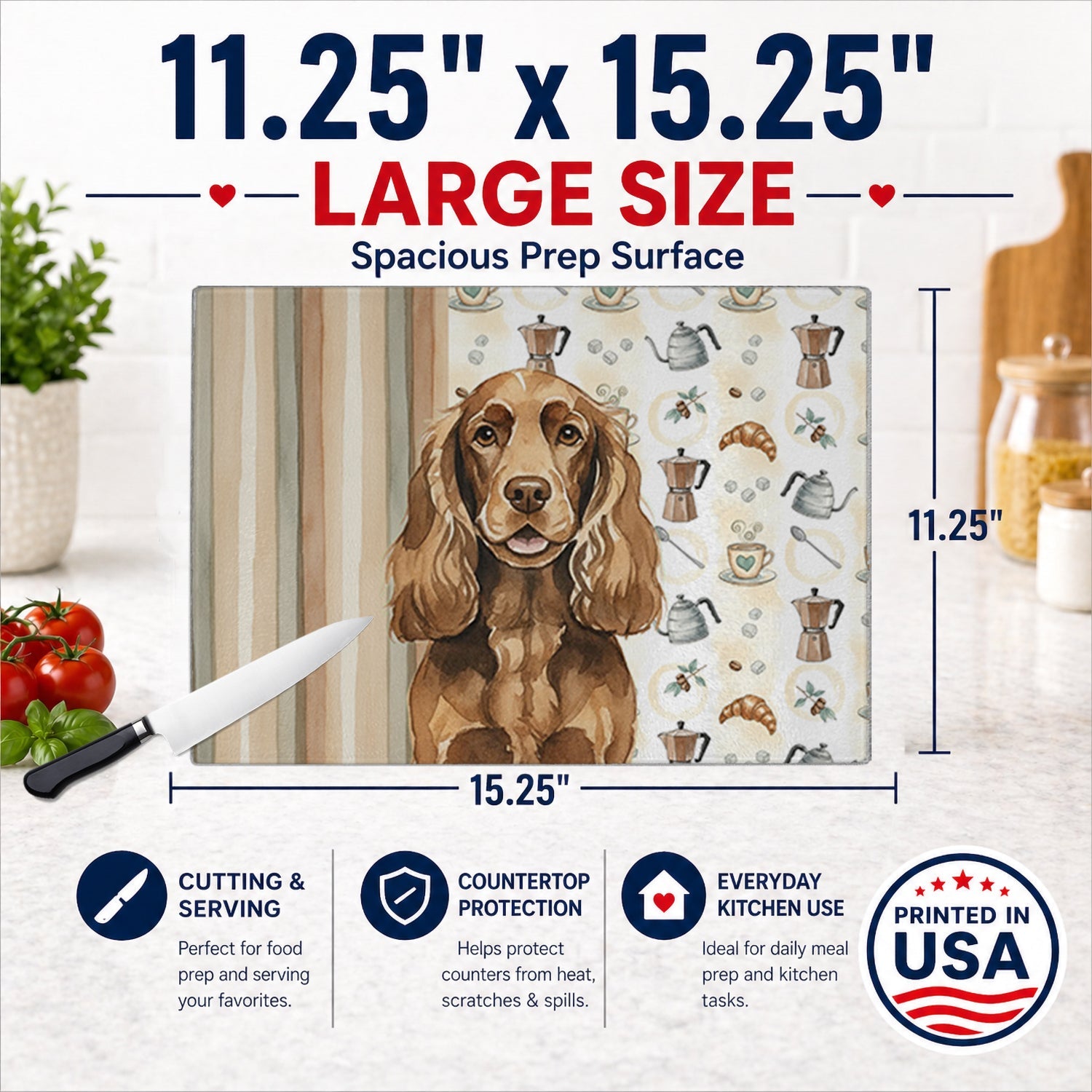 Liver English Cocker Spaniel Coffee Bar Cutting Board Tempered Glass Kitchen Cutting Surface, Heat Resistant Chopping, Non-Slip Feet, Food Prep & Serving