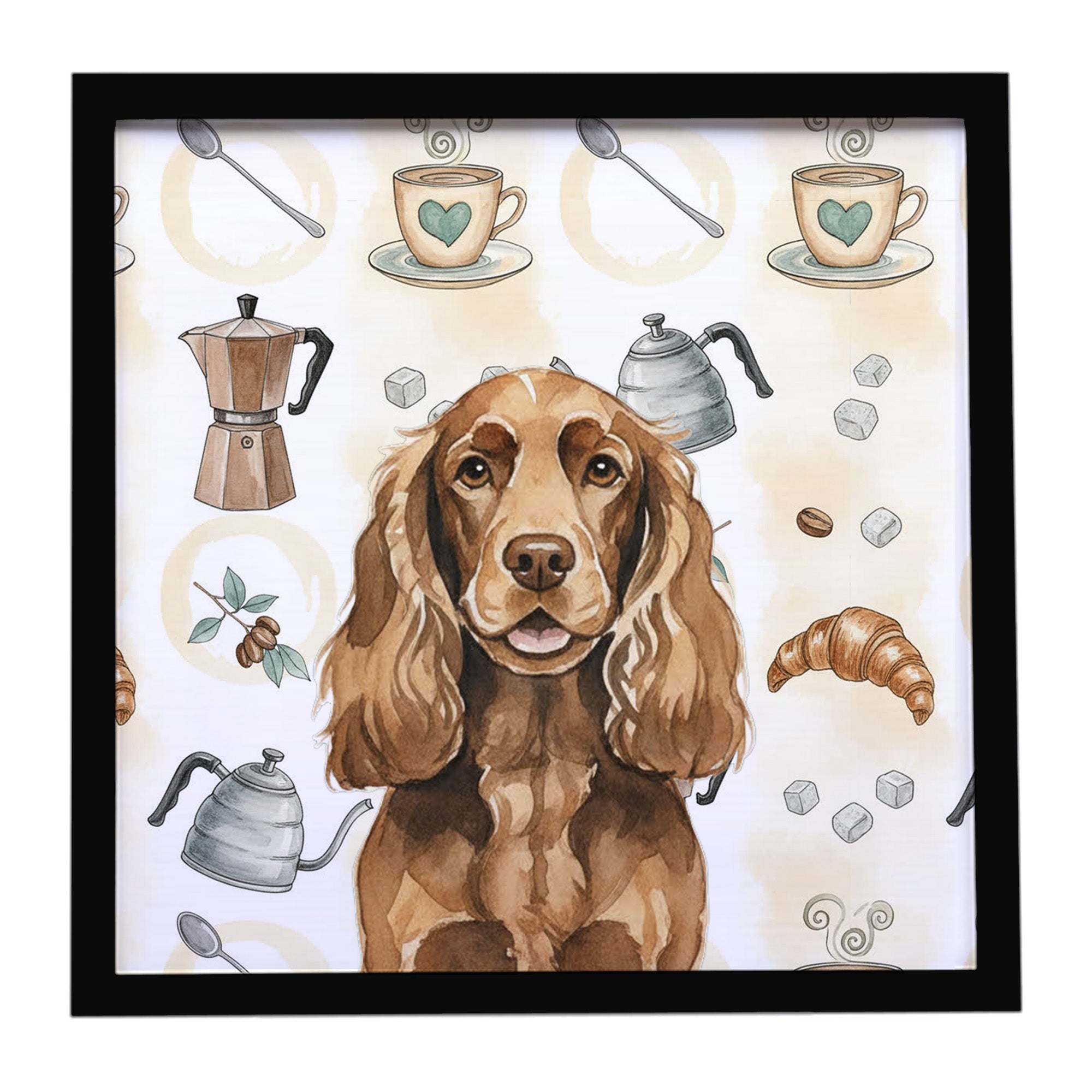 Liver English Cocker Spaniel Coffee Bar Framed Metal Print Bathroom, Kitchen, Office, Home Decor Wall Art Ready to Hang, Square, 8X8