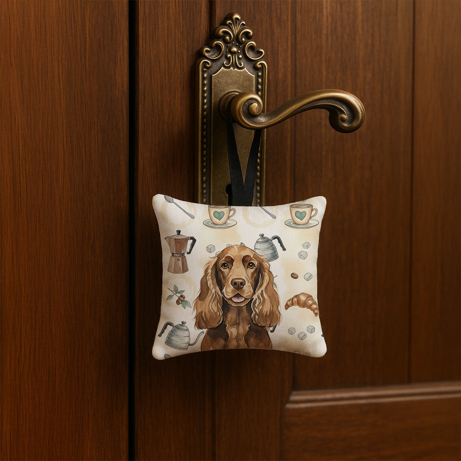Liver English Cocker Spaniel Coffee Bar Hanging Square Fabric Ornament 3.5 � 3.5 Decorative Door-Knob & Tree Hanger, Soft Fabric