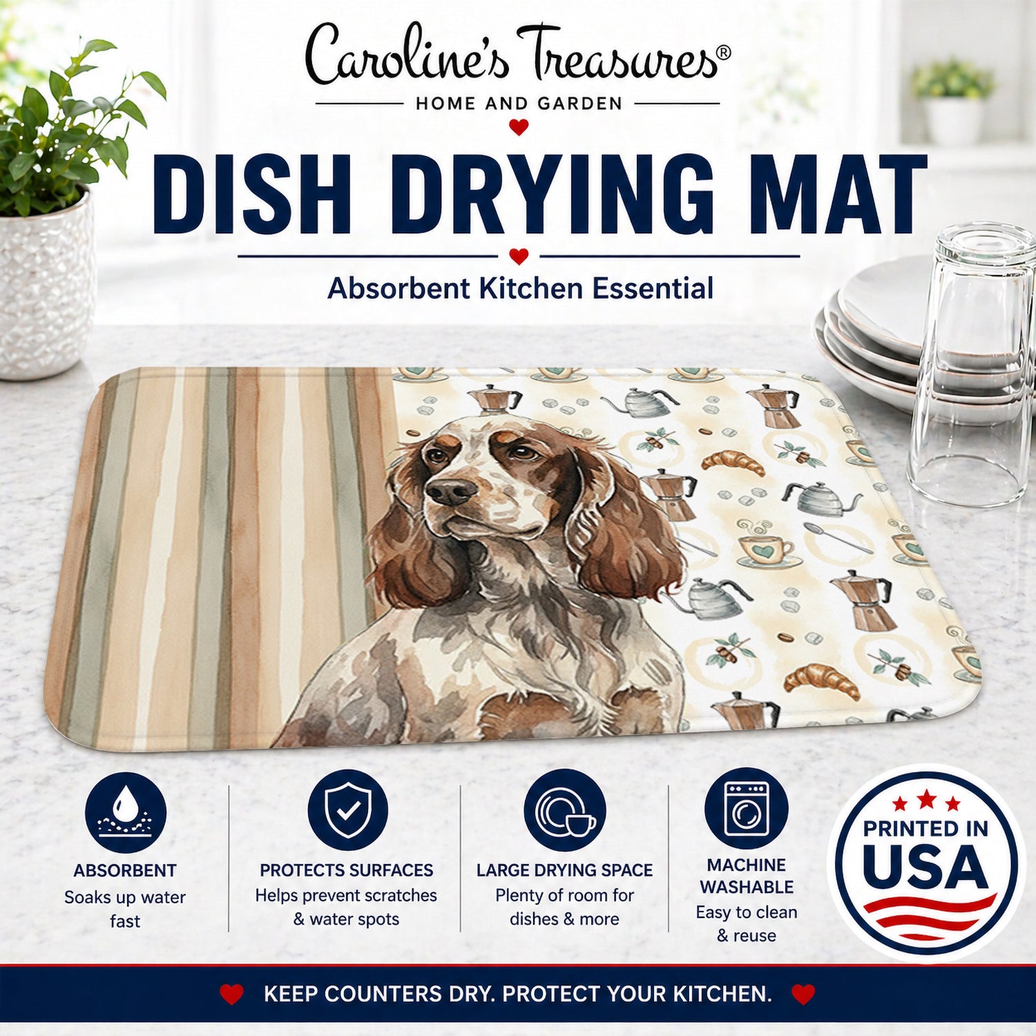 Liver Roan English Cocker Spaniel Coffee Bar Dish Drying Mat Absorbent Dish Drying Mat Pad for Kitchen Counter Dish Drainer Mat for Countertop, 14 x 21", Multicolor