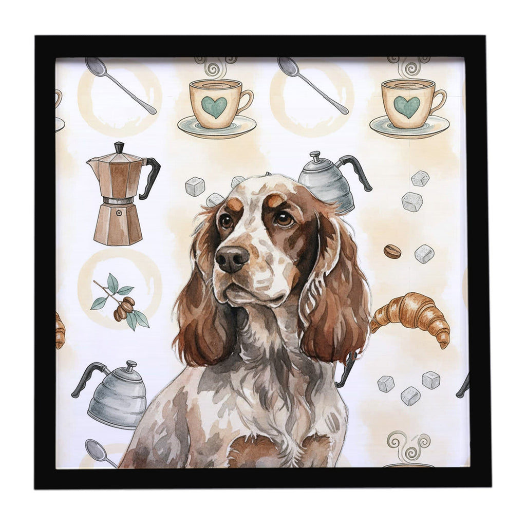 Liver Roan English Cocker Spaniel Coffee Bar Framed Metal Print Bathroom, Kitchen, Office, Home Decor Wall Art Ready to Hang, Square, 8X8