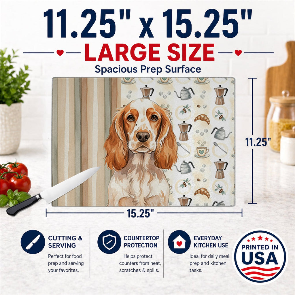 Orange Roan English Cocker Spaniel Coffee Bar Cutting Board Tempered Glass Kitchen Cutting Surface, Heat Resistant Chopping, Non-Slip Feet, Food Prep & Serving
