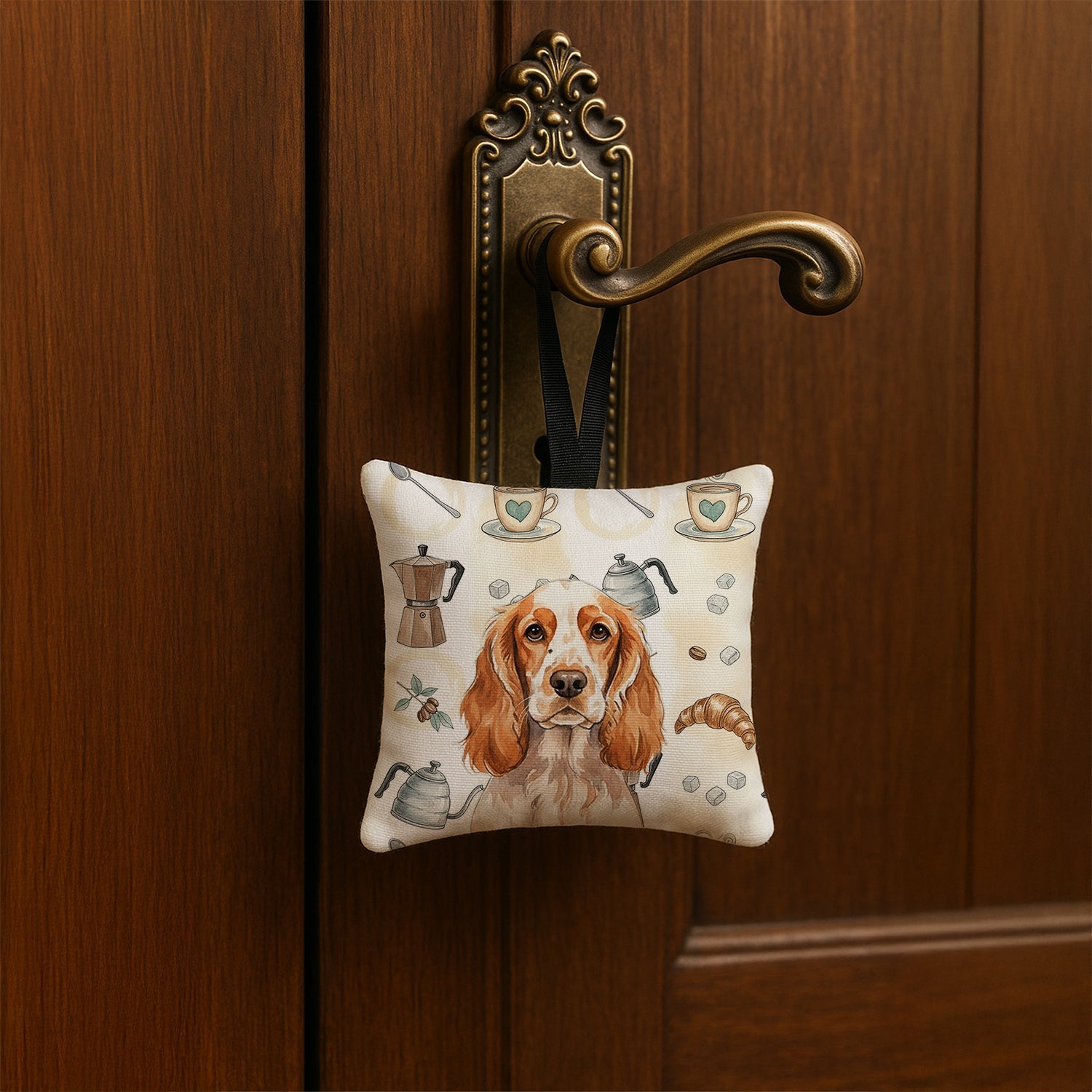 Orange Roan English Cocker Spaniel Coffee Bar Hanging Square Fabric Ornament 3.5 � 3.5 Decorative Door-Knob & Tree Hanger, Soft Fabric