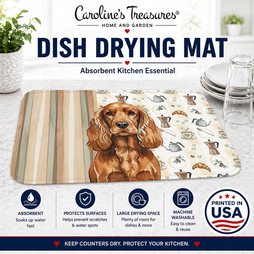 Red English Cocker Spaniel Coffee Bar Dish Drying Mat Absorbent Dish Drying Mat Pad for Kitchen Counter Dish Drainer Mat for Countertop, 14 x 21", Multicolor