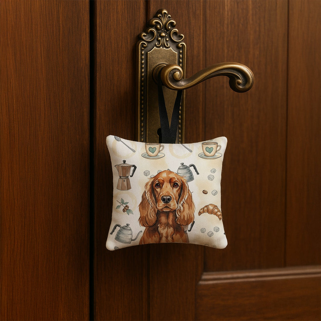 Red English Cocker Spaniel Coffee Bar Hanging Square Fabric Ornament 3.5 � 3.5 Decorative Door-Knob & Tree Hanger, Soft Fabric
