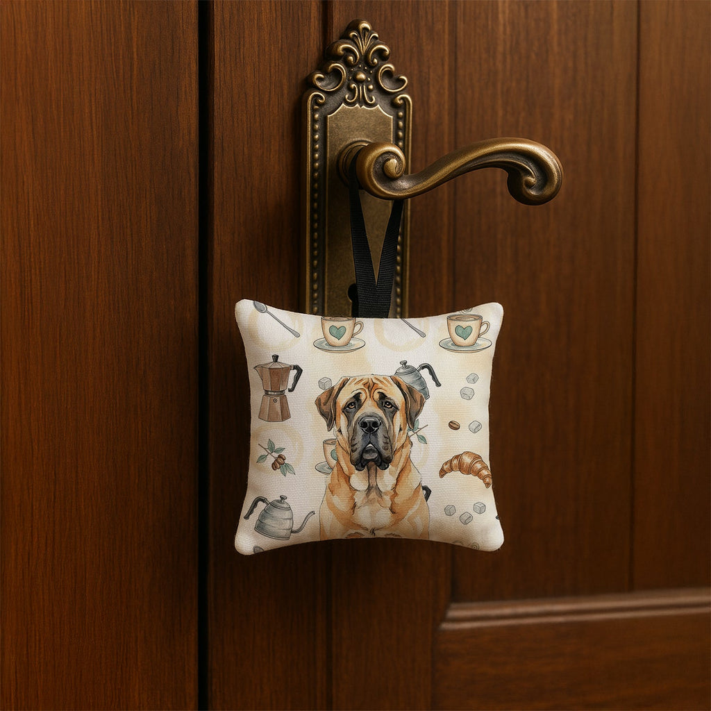 Apricot English Mastiff Coffee Bar Hanging Square Fabric Ornament 3.5 � 3.5 Decorative Door-Knob & Tree Hanger, Soft Fabric