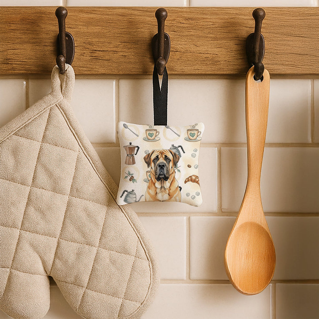 Apricot English Mastiff Coffee Bar Hanging Square Fabric Ornament 3.5 � 3.5 Decorative Door-Knob & Tree Hanger, Soft Fabric