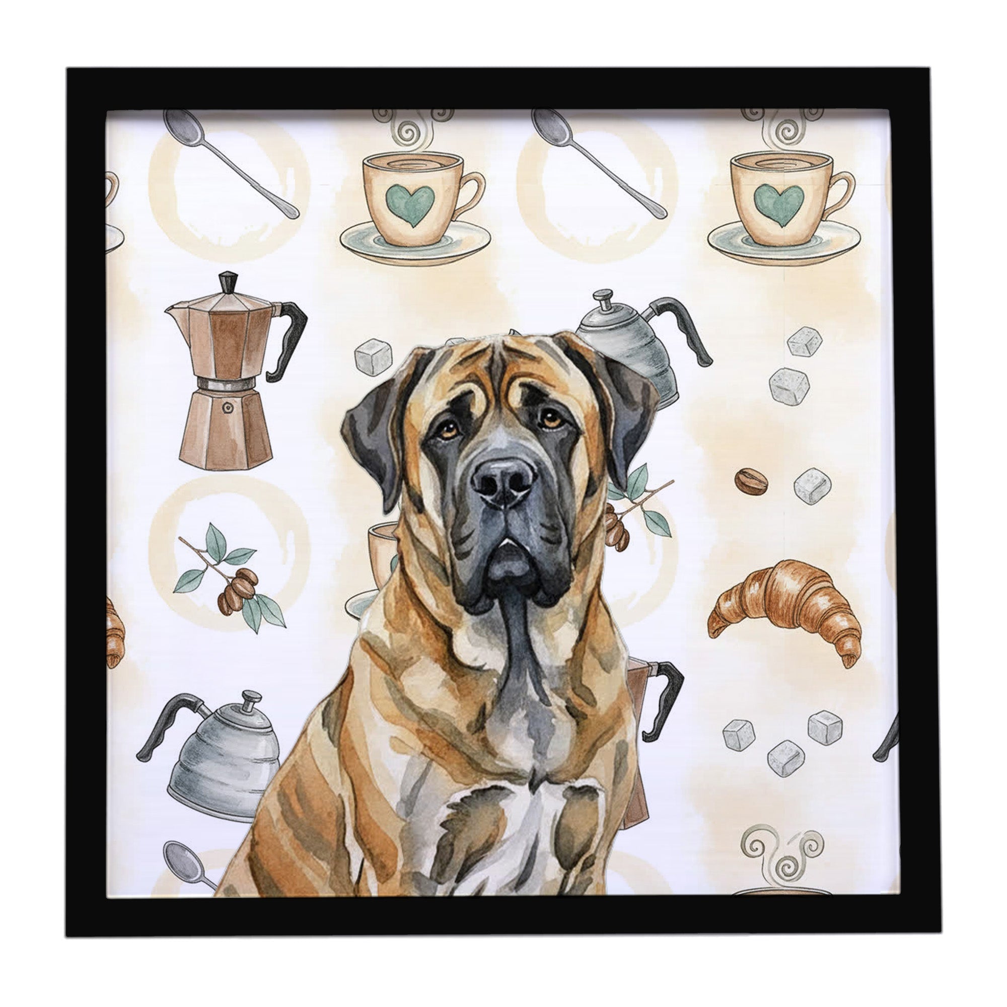 Brindle English Mastiff Coffee Bar Framed Metal Print Bathroom, Kitchen, Office, Home Decor Wall Art Ready to Hang, Square, 8X8