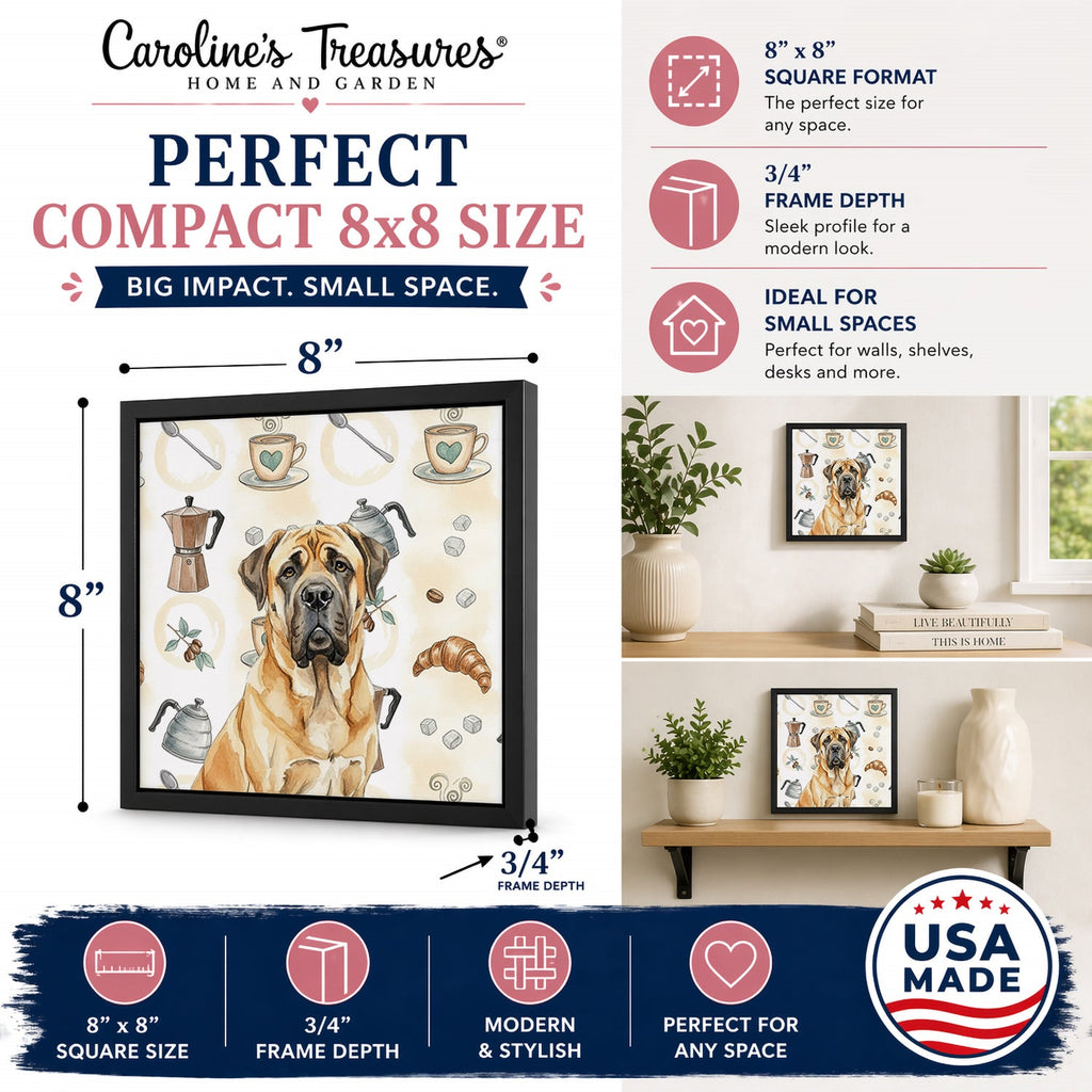 Fawn English Mastiff Coffee Bar Framed Metal Print Bathroom, Kitchen, Office, Home Decor Wall Art Ready to Hang, Square, 8X8