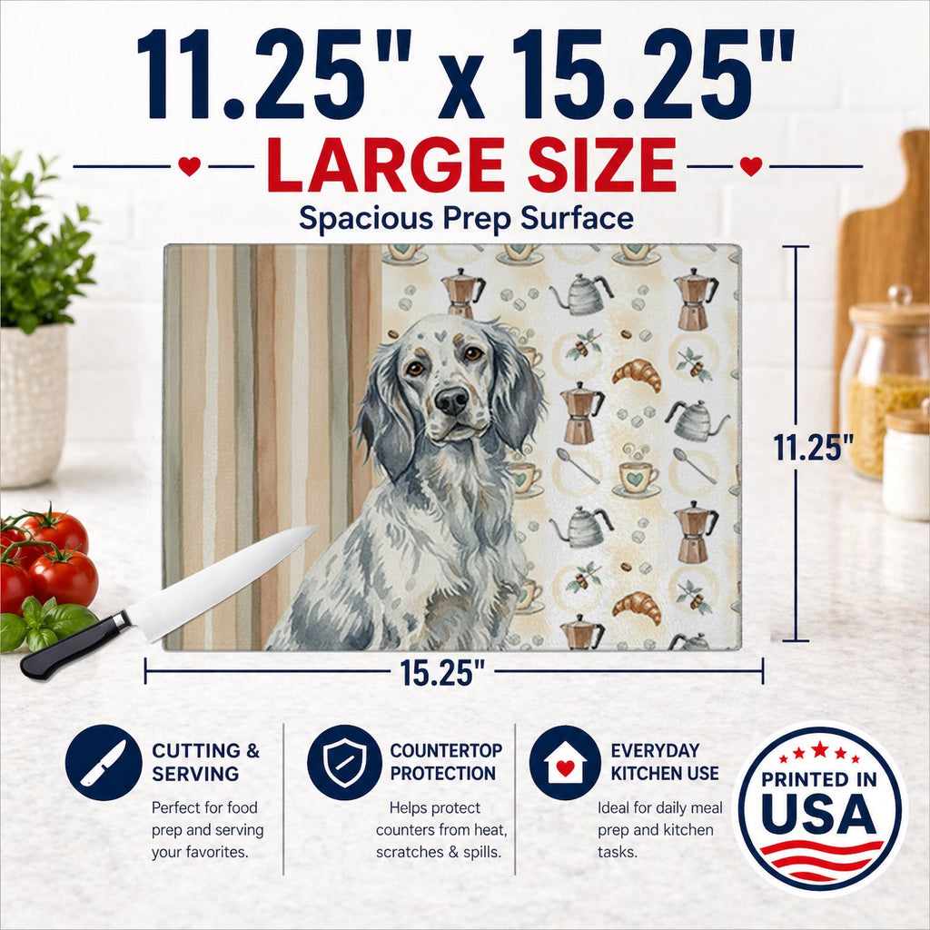 Blue Belton English Setter Coffee Bar Cutting Board Tempered Glass Kitchen Cutting Surface, Heat Resistant Chopping, Non-Slip Feet, Food Prep & Serving