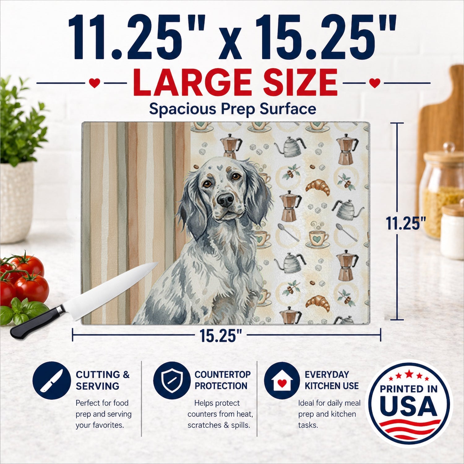 Blue Belton English Setter Coffee Bar Cutting Board Tempered Glass Kitchen Cutting Surface, Heat Resistant Chopping, Non-Slip Feet, Food Prep & Serving