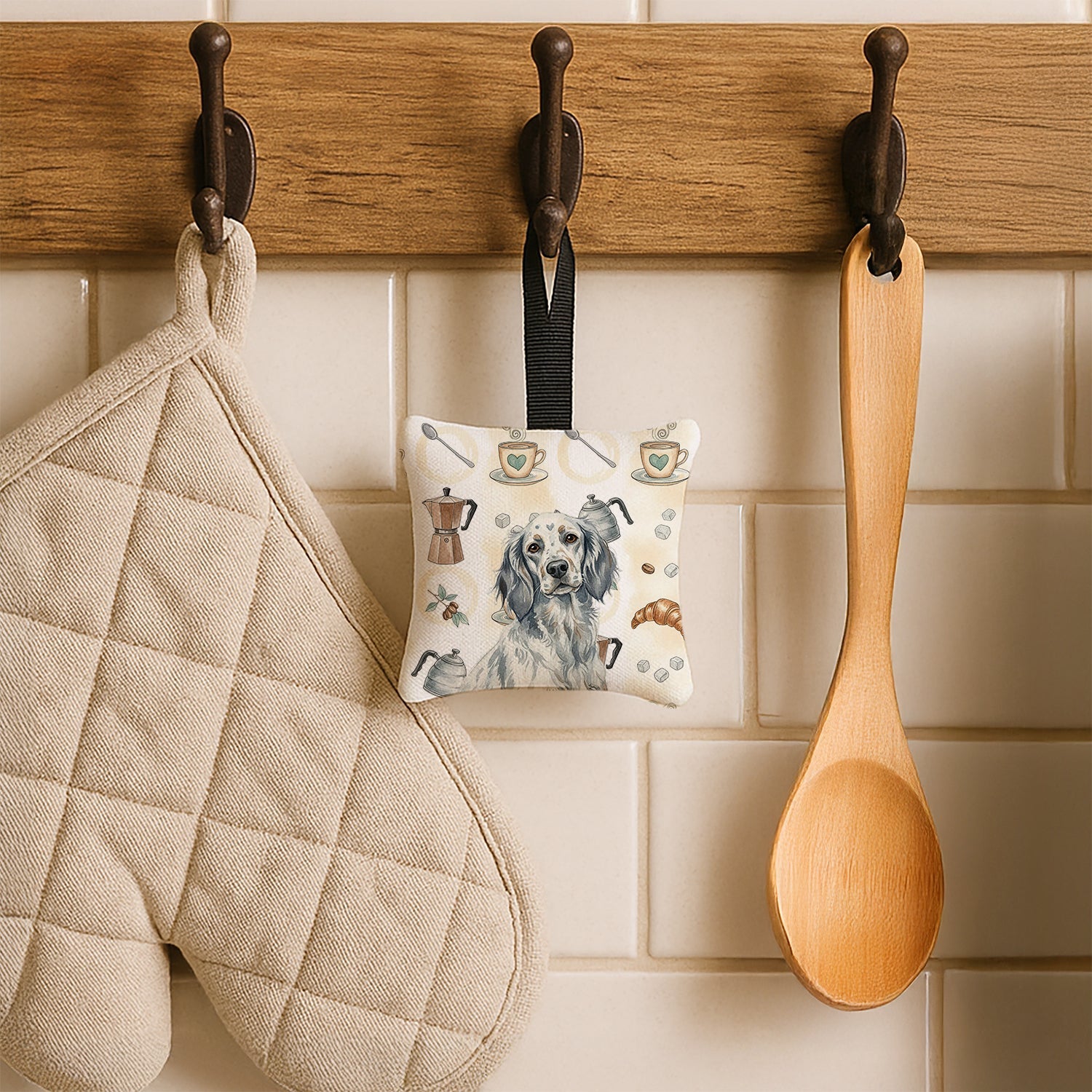Blue Belton English Setter Coffee Bar Hanging Square Fabric Ornament 3.5 � 3.5 Decorative Door-Knob & Tree Hanger, Soft Fabric