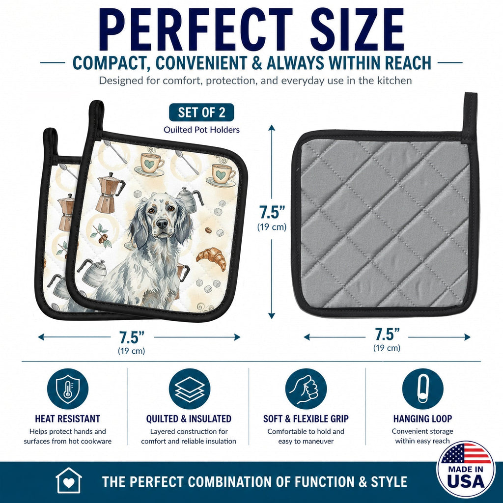 Blue Belton English Setter Coffee Bar Pot Holder Set of 2 Heat Resistant Quilted Hot Pads 7.5 x 7.5 Inch, Insulated Kitchen Trivets for Cooking & Baking