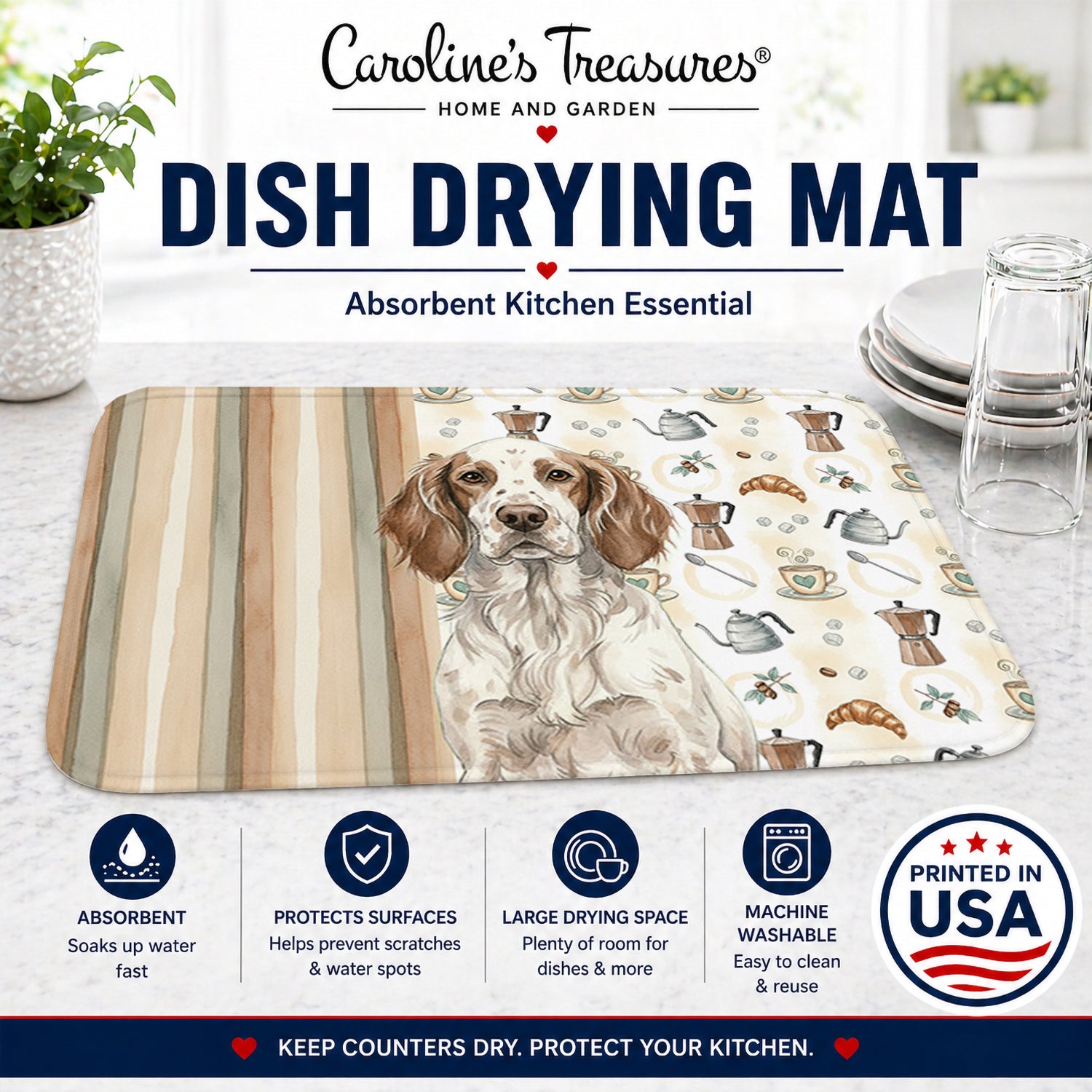 Liver Belton English Setter Coffee Bar Dish Drying Mat Absorbent Dish Drying Mat Pad for Kitchen Counter Dish Drainer Mat for Countertop, 14 x 21", Multicolor