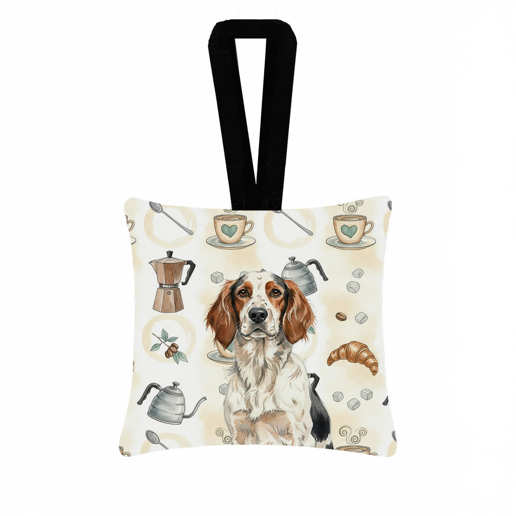 Tricolor English Setter Coffee Bar Hanging Square Fabric Ornament 3.5 � 3.5 Decorative Door-Knob & Tree Hanger, Soft Fabric