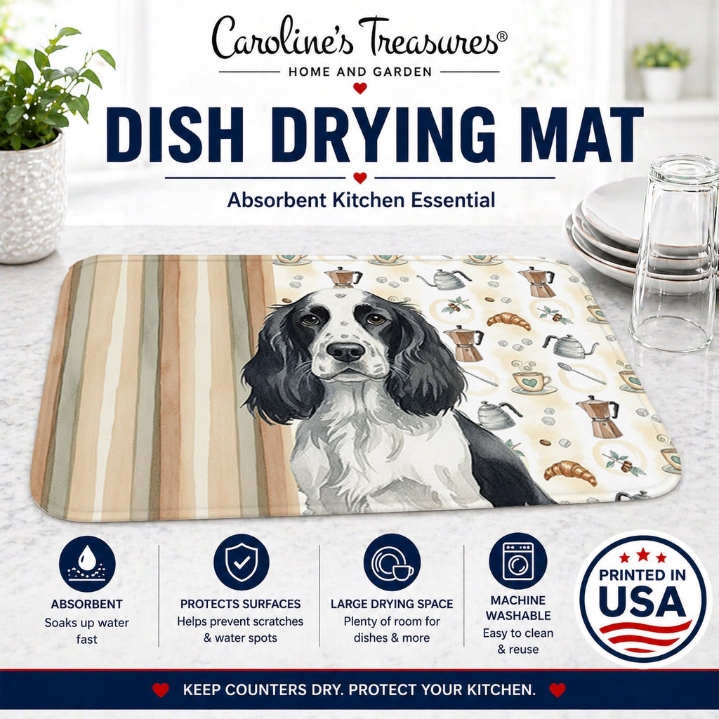 Black and White English Springer Spaniel Coffee Bar Dish Drying Mat Absorbent Dish Drying Mat Pad for Kitchen Counter Dish Drainer Mat for Countertop, 14 x 21", Multicolor