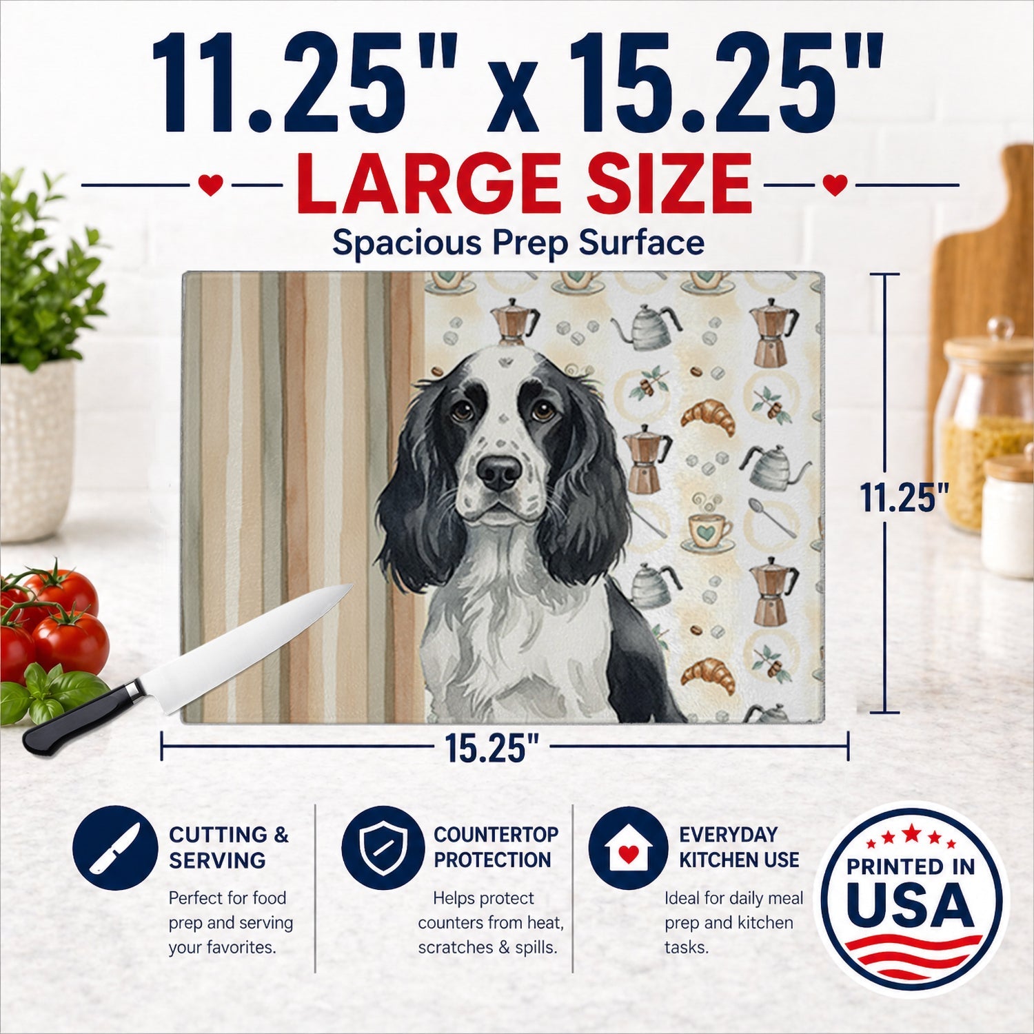 Black and White English Springer Spaniel Coffee Bar Cutting Board Tempered Glass Kitchen Cutting Surface, Heat Resistant Chopping, Non-Slip Feet, Food Prep & Serving