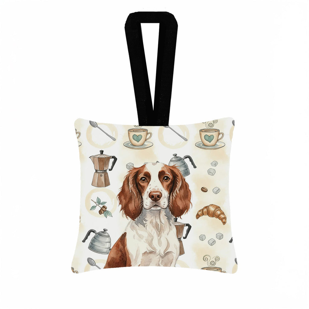 Liver and White English Springer Spaniel Coffee Bar Hanging Square Fabric Ornament 3.5 � 3.5 Decorative Door-Knob & Tree Hanger, Soft Fabric
