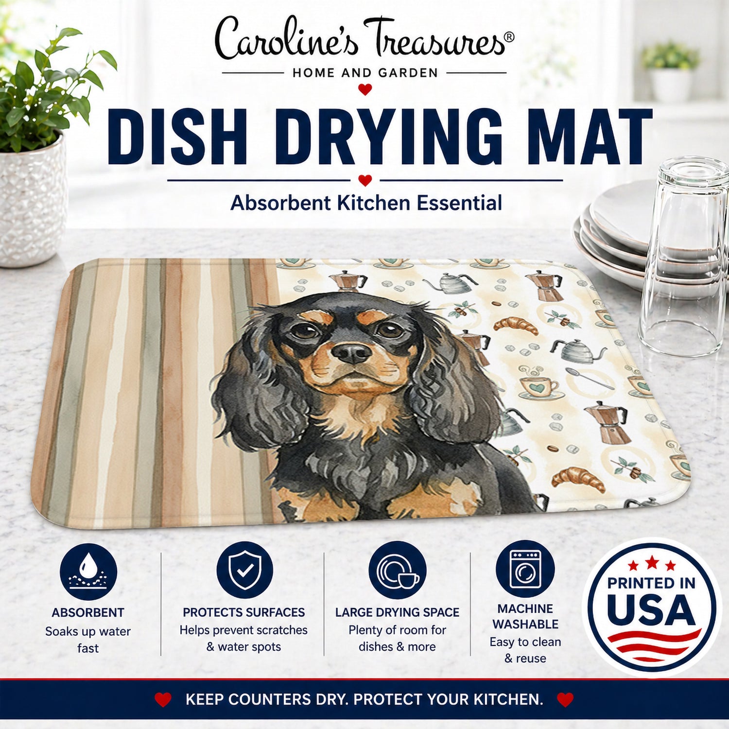 Black and Tan English Toy Spaniel Coffee Bar Dish Drying Mat Absorbent Dish Drying Mat Pad for Kitchen Counter Dish Drainer Mat for Countertop, 14 x 21", Multicolor