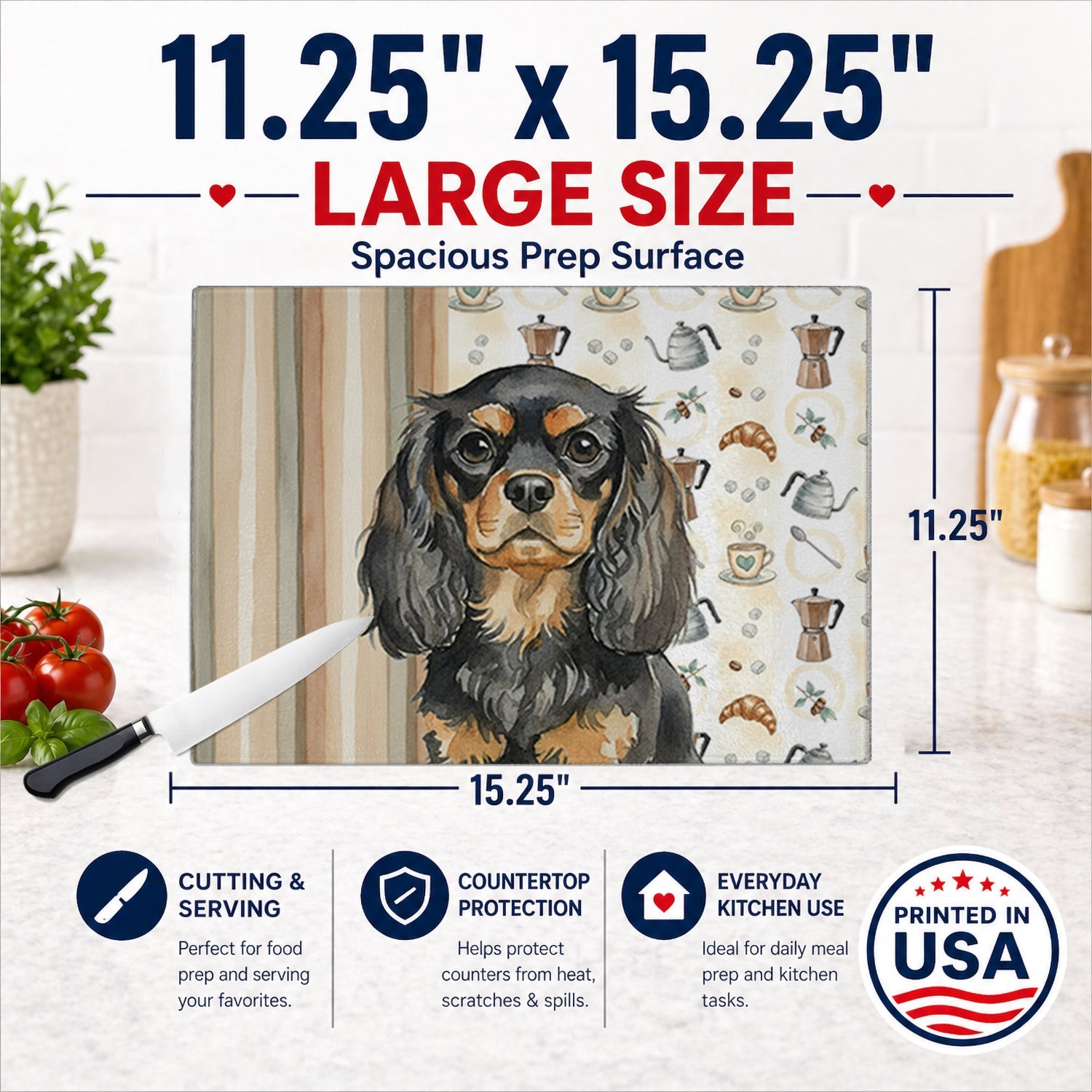 Black and Tan English Toy Spaniel Coffee Bar Cutting Board Tempered Glass Kitchen Cutting Surface, Heat Resistant Chopping, Non-Slip Feet, Food Prep & Serving