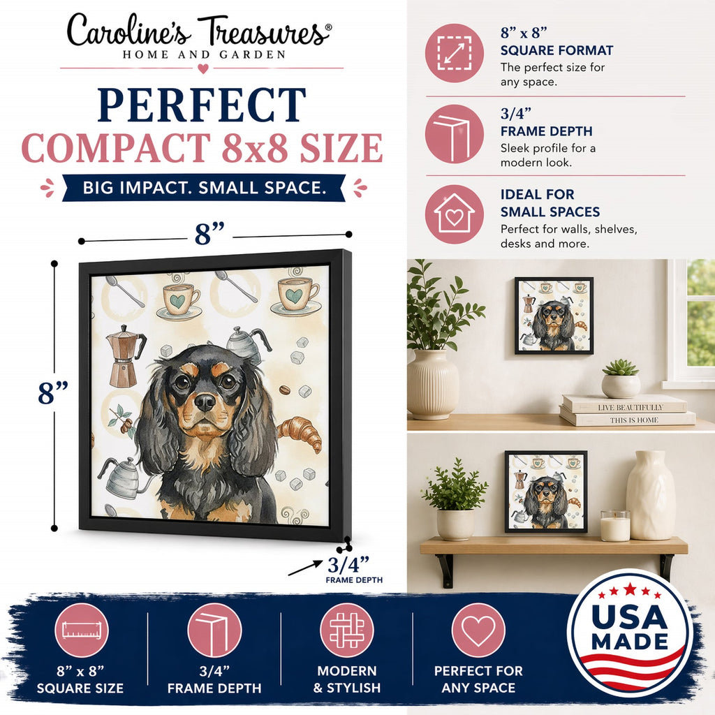 Black and Tan English Toy Spaniel Coffee Bar Framed Metal Print Bathroom, Kitchen, Office, Home Decor Wall Art Ready to Hang, Square, 8X8