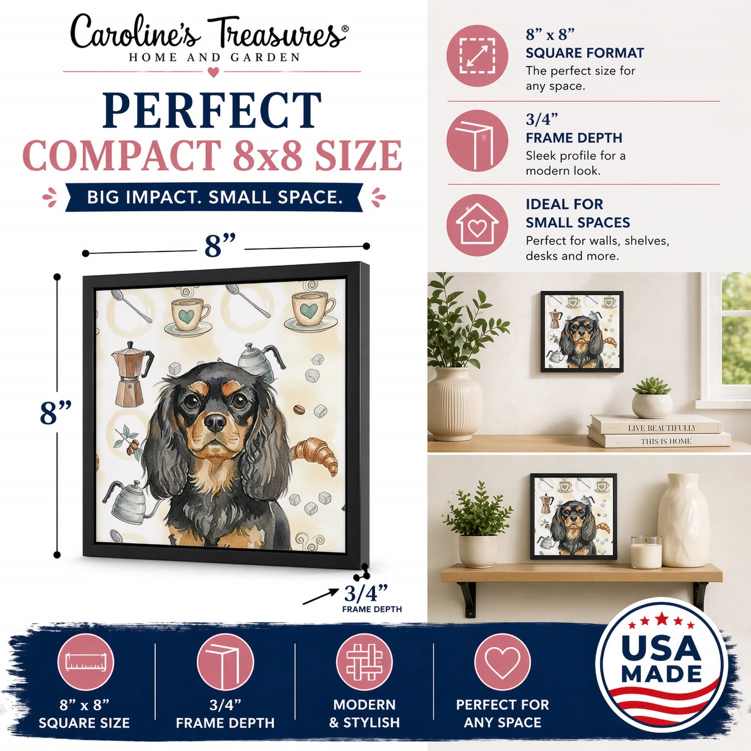 Black and Tan English Toy Spaniel Coffee Bar Framed Metal Print Bathroom, Kitchen, Office, Home Decor Wall Art Ready to Hang, Square, 8X8