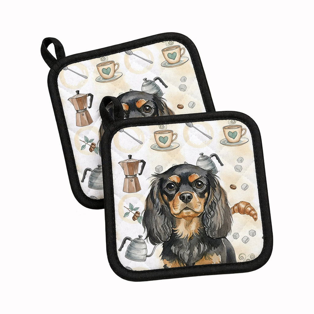 Black and Tan English Toy Spaniel Coffee Bar Pot Holder Set of 2 Heat Resistant Quilted Hot Pads 7.5 x 7.5 Inch, Insulated Kitchen Trivets for Cooking & Baking