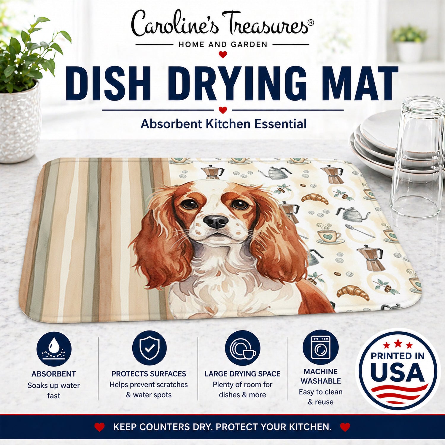 Blenheim English Toy Spaniel Coffee Bar Dish Drying Mat Absorbent Dish Drying Mat Pad for Kitchen Counter Dish Drainer Mat for Countertop, 14 x 21", Multicolor