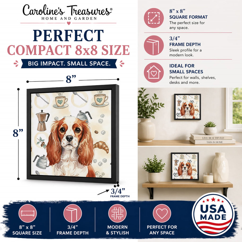 Blenheim English Toy Spaniel Coffee Bar Framed Metal Print Bathroom, Kitchen, Office, Home Decor Wall Art Ready to Hang, Square, 8X8