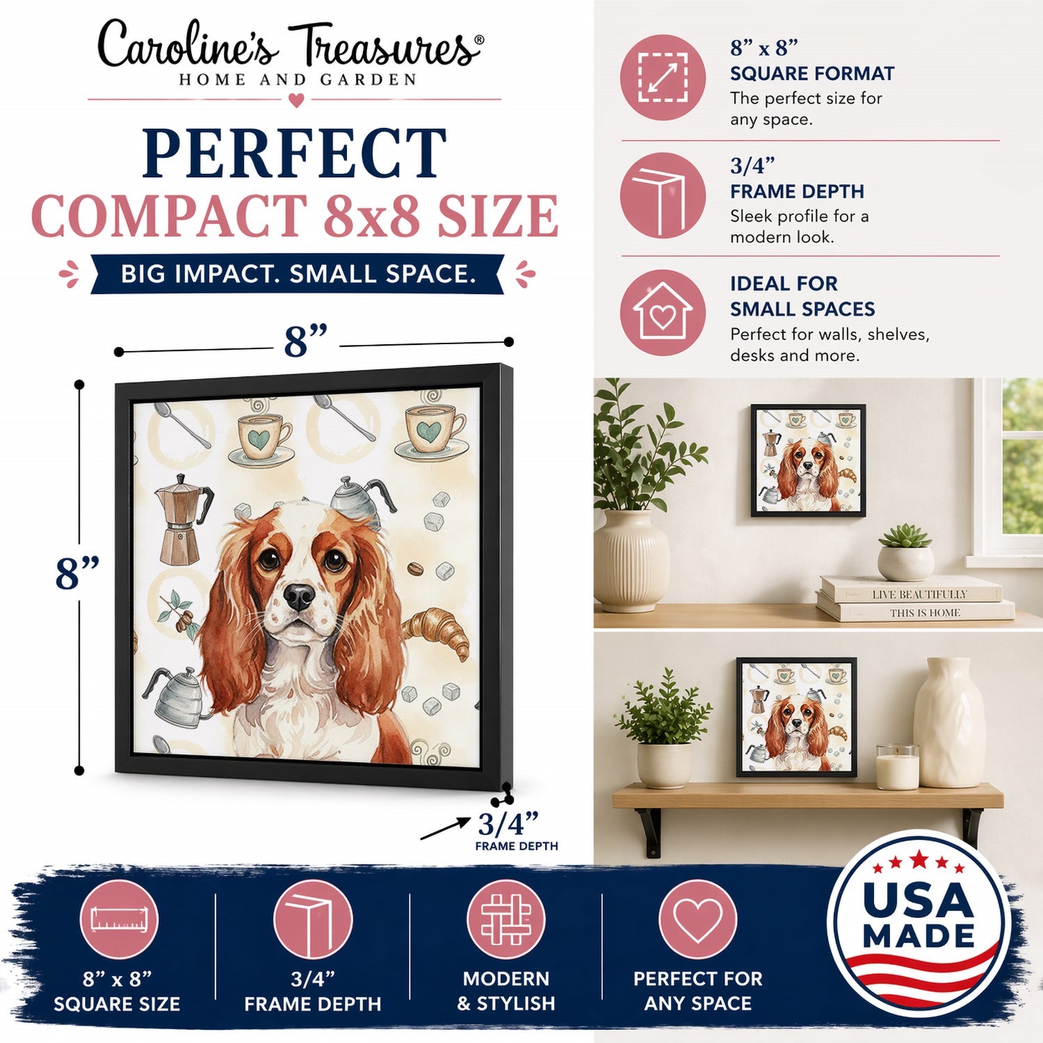 Blenheim English Toy Spaniel Coffee Bar Framed Metal Print Bathroom, Kitchen, Office, Home Decor Wall Art Ready to Hang, Square, 8X8